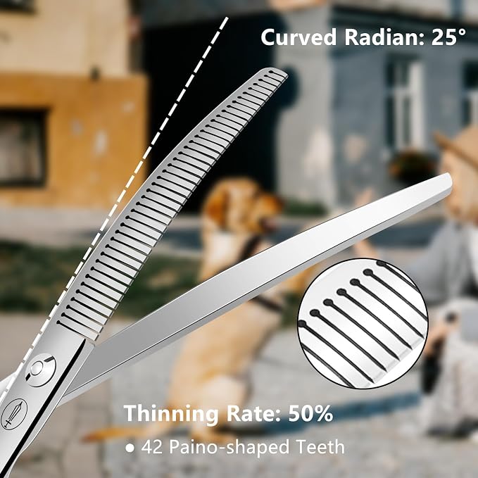 HASHIMOTO Curved Fluffer Scissors for Dog Grooming, 42 Teeth, 7.0 inch. | 50% Thinning Rate, Remove Bulk Quickly While Leaving a Natural Finish, Lightweight, 440C Stainless Steel
