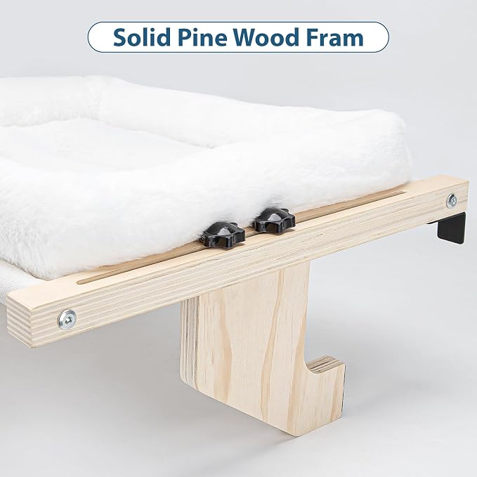 Cat Sill Window Perch - 100% Natural Pine Frame, Plush Fleece Cushion, Tool-Free Adjustment, Supports 55 lbs (Extra Large-White)