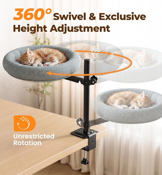 Cat Bed for Desk, 360° Rotating Adjustable Cat Perch, 44 lb, Home Office | Desk mount cat hammock, no-drill G-clamp, faux linen, washable cover, fits desktops up to 2.3 in, space saver, gray