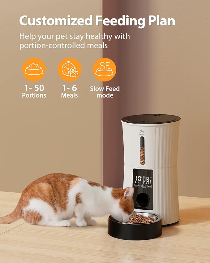 Petory Automatic Cat Feeder - 4L Cat Food Dispenser for Cats and Small Dogs | Timed Cat Feeder, Programmable Portion Control, Up to 6 Meals Daily, Dual Power Supply, 10-Second Voice Recorder