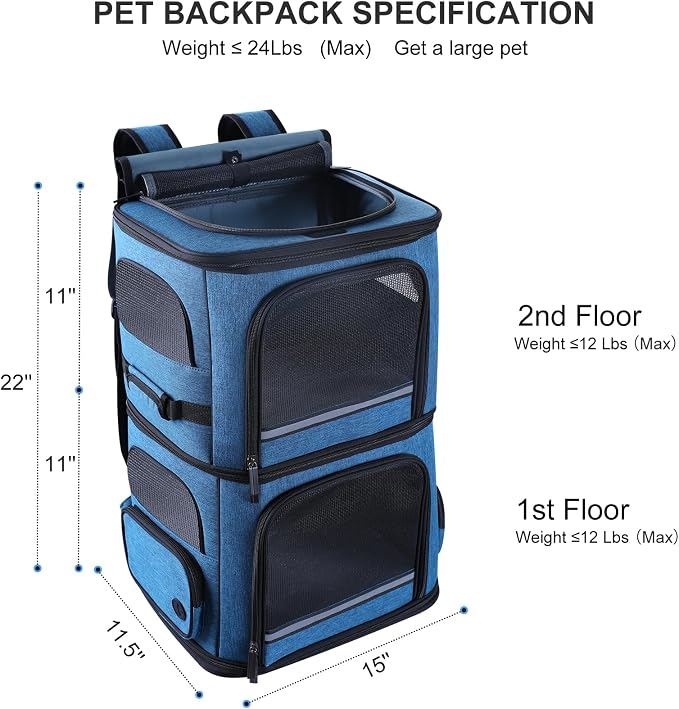 Double Cat Carrier for 2 Cats,Dog Backpack Carrier for Medium Dogs,Double Compartment Pet Carrier Backpack for Dual Pets,for Outdoor Traveling/Stroll and Picnic (Blue)