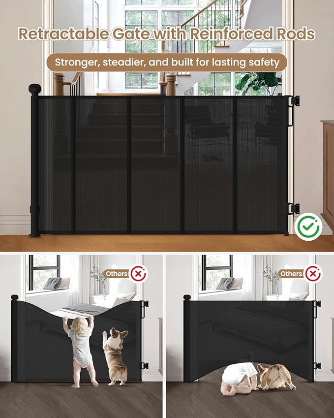 Mesh Dog Gate, 71" Wide 34" Tall Retractable Mesh Baby Gates | Retractable Dog Gate Indoor, One-Hand Use, Baseboard Fit, 6 Reinforced Rods, for Open Kitchen, Living Room & Playroom, Black