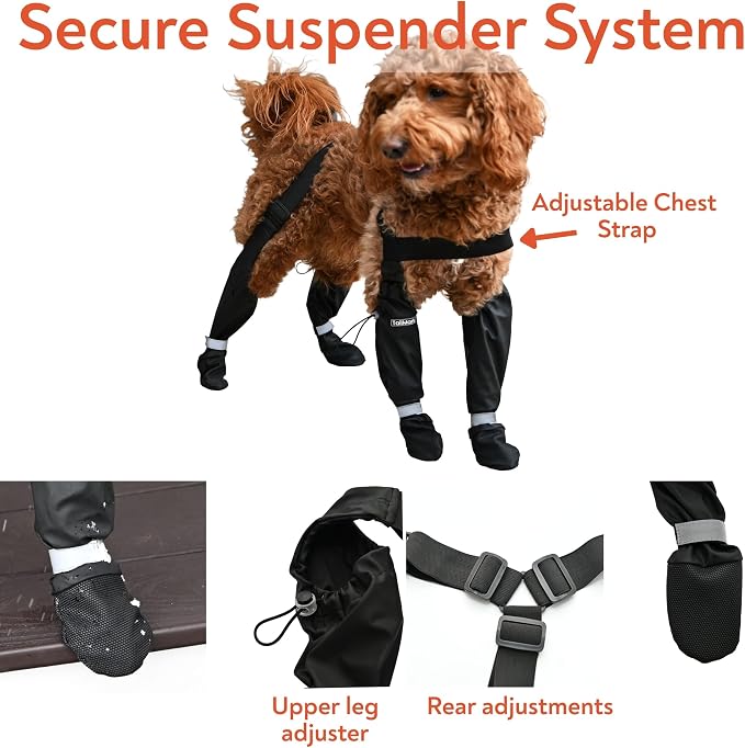 Waterproof Dog Suspender Boots with AirTag Compatible Pocket, Anti-Slip Reflective Dog Shoes, Adjustable Stay-On Paw Protector for Small Medium Large Dogs, Outdoor Walking Rain Snow (Black, M)