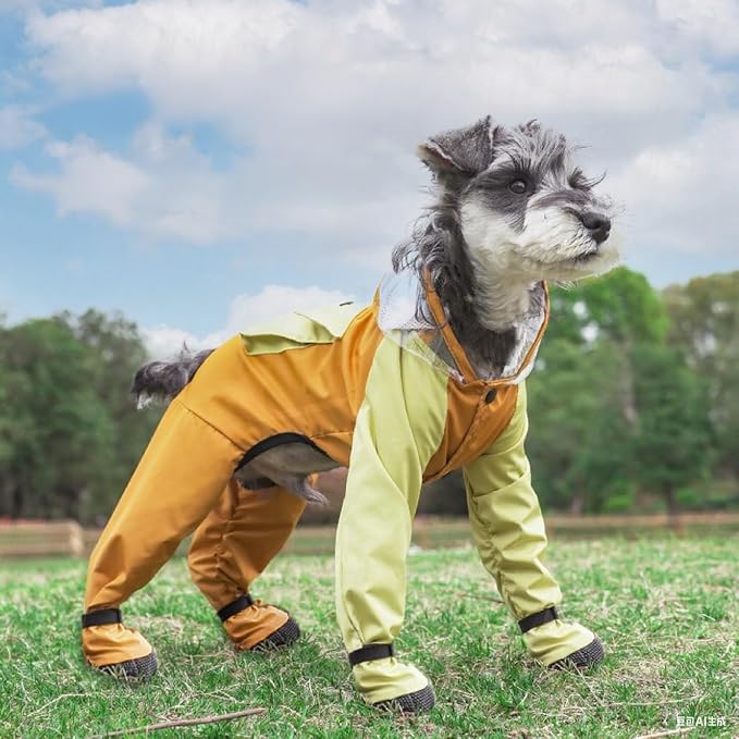 Full Coverage Small Dog Raincoat, 4-Leg Waterproof Jacket with Leash Hole & Backpack, Quick-Dry Pet Rain Gear for Teddy, Bichon, Schnauzer (Yellow, X-Small(Suggest weight1.3-3.3lb))