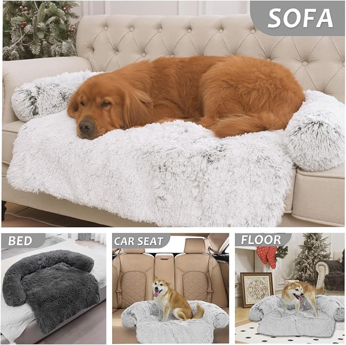 Calming Dogs/Cats Bed Mats, Dog Pad Washable Removable Couch Cover, Plush Long Fur Mat for Pets, Waterproof Lining, Perfect for Small, Medium and Large Dogs and Cats (Light Gray, 41"x37")