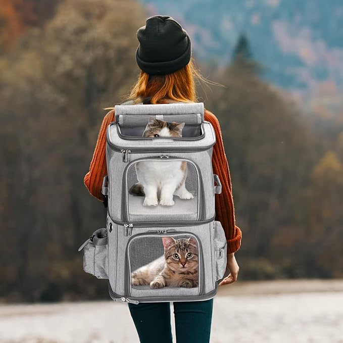 HOVONO Double-Compartment Cat Backpack Carrier for Mulit-Cat Families | Extra Large Pet Backpack Carrier for 2 Cats with Removable Divider and Breathable Mesh Windows for Hiking/Camping/Vet Visits