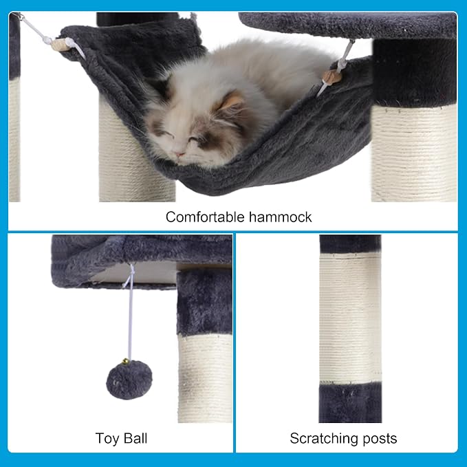Hey-brother Cat Tree Tower with Sisal Scratching Posts, Big Condo, MPJ020G | 53.7 Inches Multi-Level Cat House with 2 Bigger Plush Condos, 2 Platforms, Hammock, Toy Balls for Indoor Cats, Smoky Gray