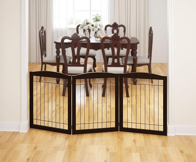 PAWLAND 72” Extra Wide Dog Gate for The House, Doorway, Stairs, Freestanding Foldable Wire Pet Gate, Pet Puppy Safety Fence,30" Height (Espresso, 3 Panels)