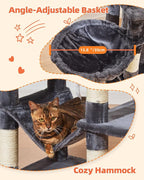 Taoqimiao Cat Tree, 66.2 in Tall Cat Tower with 2 Plush Cat Condos | 7 Scratching Posts, 2 Top Perches, Cozy Hammock & Basket, Indoor Cats, 2 Pompoms & Mouse Toy, Smoky Gray, MS013G