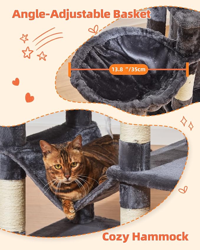 Taoqimiao Cat Tree, 66.2 in Tall Cat Tower with 2 Plush Cat Condos | 7 Scratching Posts, 2 Top Perches, Cozy Hammock & Basket, Indoor Cats, 2 Pompoms & Mouse Toy, Smoky Gray, MS013G