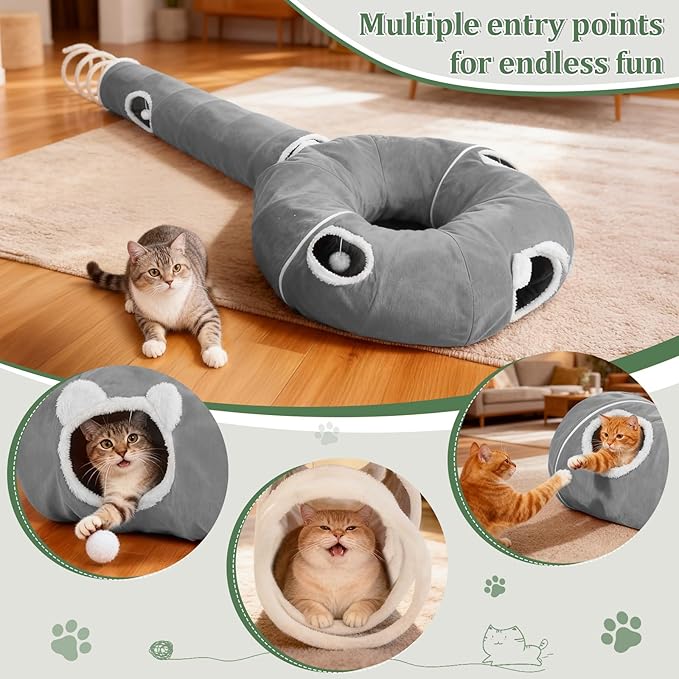 Ownpets 2-in-1 Cat Tunnel Large Lollipop 12" D Collapsible Cave Plush, Grey | Foldable Tunnel Bed, Fluffy Ball, Multi-Exit Maze, For Cats Kittens Puppies Rabbits, Soft Plush, Easy Store, Cozy Hiding Spot