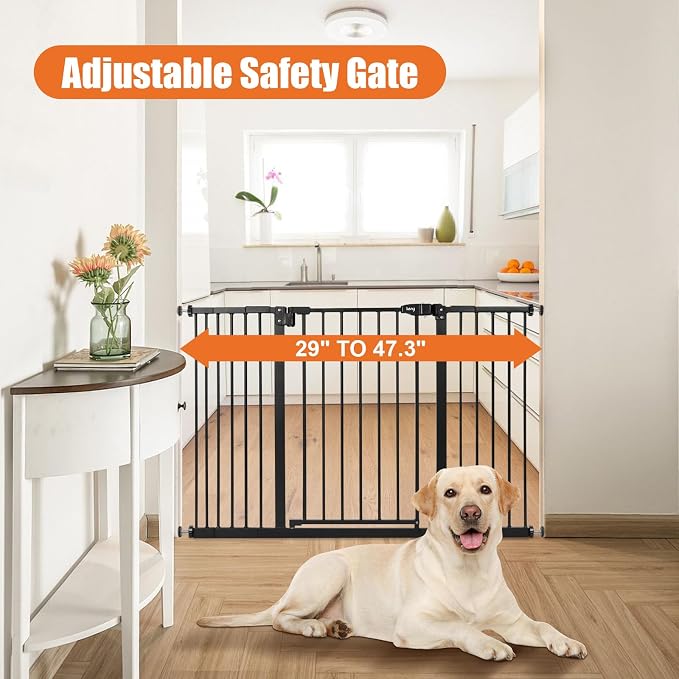 keny 29"-47.3" Extra Wide Baby Gate for Stairs, Auto Close Safety Dog Gate | Pressure Mounted No Drilling Pet Gate for Doorways, Easy Walk Through Stair Gate for Kids Todder, 30" Tall, Black