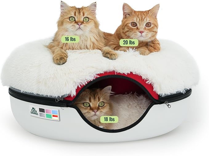 Peekaboo Cat Cave for Multiple & Large Cats Up to 30-45 Lbs, Fluffy Cat Beds & Furniture, Scratch Detachable & Washable Tunnel Bed, Comfy Donut Bed (Ruby Snowball, Large (Calming))