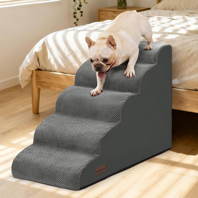 Aodisman Dog Stairs for High Beds,5 Step Pet Ramp for Dogs and Cats,22.4" H | High-density foam dog steps for beds and window sills, with a non-slip bottom for puppy and older cat,comfortable,Grey