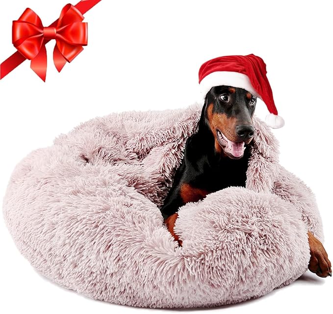 Himax 35in Covered Large Dog Bed with Blanket Attached Calming Burrow Beige | Anti-Anxiety Donut dog bed with cover, Washable Round Fluffy Pet& Cat Beds for Indoor