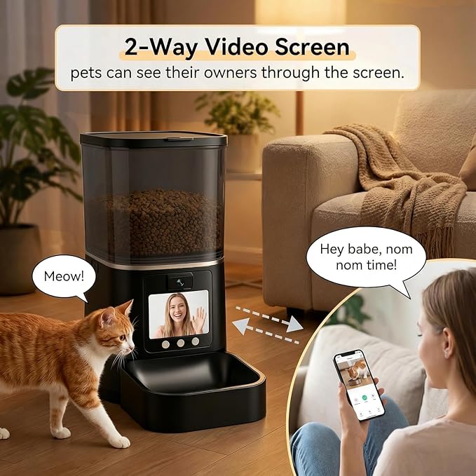 Automatic Cat Feeder with Camera, 2-Way Video& Audio, HD Video with Night Vision, 5G WiFi Pet Feeder, 5L Large Food Storage Container for Multiple Pet, Detachable for Easy Clean (Black)