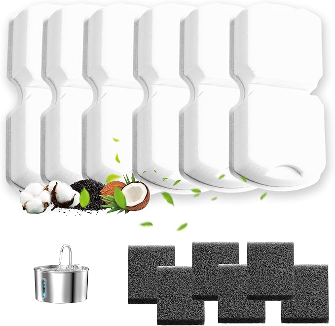 KOOGMOON Official 12 Pcs Replacement Automatic Cat Water Fountain Filters | 6 Filters & 6 Pump Filter Sponges, Compatible with GIOTOHUN/HOOISE/ATMZIQXR/UMOCUOY/IHOUONE Pet Water Fountain, 3 Months Set