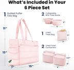 Rubyloo Puffer Dog Travel Bag for Dog Moms, Diaper Bag with Travel Bowls | 2 BPA-Free Collapsible Bowls, 2 Pet Food Containers, 9 Pockets, Everyday Puffer Bag Works With or Without Your Dog, Soft Pink
