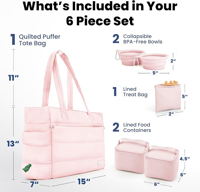 Rubyloo Puffer Dog Travel Bag for Dog Moms, Diaper Bag with Travel Bowls | 2 BPA-Free Collapsible Bowls, 2 Pet Food Containers, 9 Pockets, Everyday Puffer Bag Works With or Without Your Dog, Soft Pink