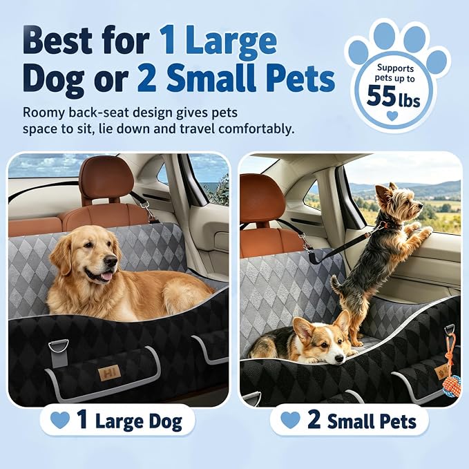 Dog Car Seat for Medium & Large Dogs Up to 55 lbs, Pet Booster Seat with 4 Storage Pockets, Travel Dog Car Bed with Memory Foam Cushion, Reversible Cover, Non-Slip Base for SUV Back Seat
