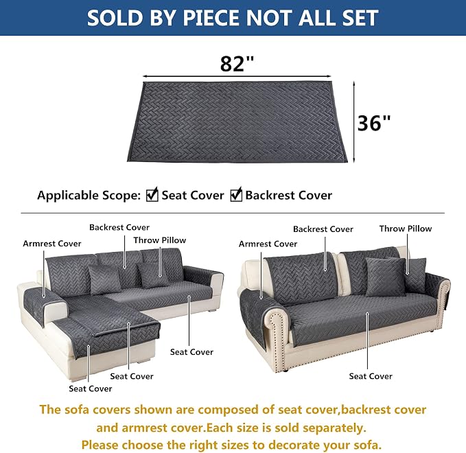 Eismodra Couch Cover,Sectional Couch Covers,Sofa Covers for 3 Cushion Couch,Anti-Slip Sofa Slipcovers for Dogs Cats Kids Loveseat Recliner L Shaped Armrest Backrest,Dark Gray 36''x82''(Only 1 Piece)