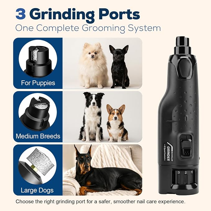 Dog Nail Grinder for Large Dogs, Quiet 6-Speed with LED Light | Low-vibration, powerful grinding, rechargeable design, and dust guard for cleaner, more comfortable at-home nail care