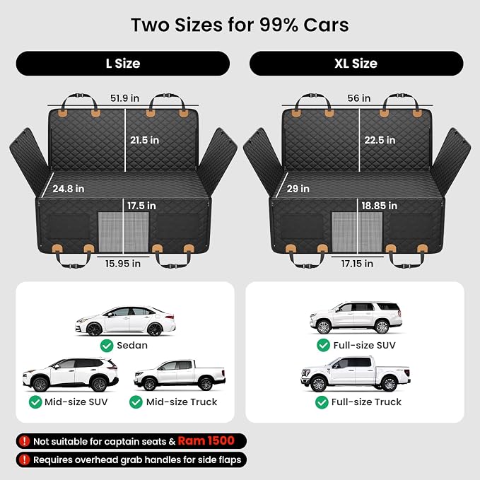 REEVAA Dog Car Seat Cover for Back Seat, Hard Bottom, L, Black+Orange | 450 lbs Extender, 45% More Space for 2-4 Large Dogs, Waterproof, Zippered Mesh Window, Fits for SUV Medium Truck