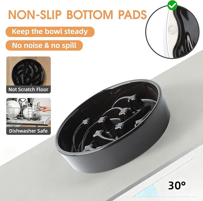 Ceramic Slow Feeder Dog Bowls Large Breed, 2 Cups, 8.3 Inch Black | 2 cups raised maze bowl slows fast eating for medium and large dogs; heavy ceramic, non-slip and dishwasher safe.