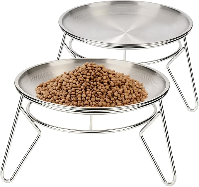 Cat Food Bowls,6.7" Extra Wide Raised Stainless Steel Cats Food Whisker Fatigue Shallow Dishes with Anti-Slip Metal Stand, for Indoor Fat Faced Cat Kitten and Small Dog Puppies-2pack
