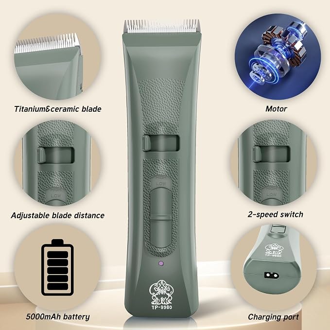 Tife Low Noise Dog Clipper – Cordless Pet Grooming Kit with Rechargeable Battery, Quiet Electric Hair Trimmer for Thick Coats, Adjustable Blade Pet Shaver for Dogs & Cats (Green)