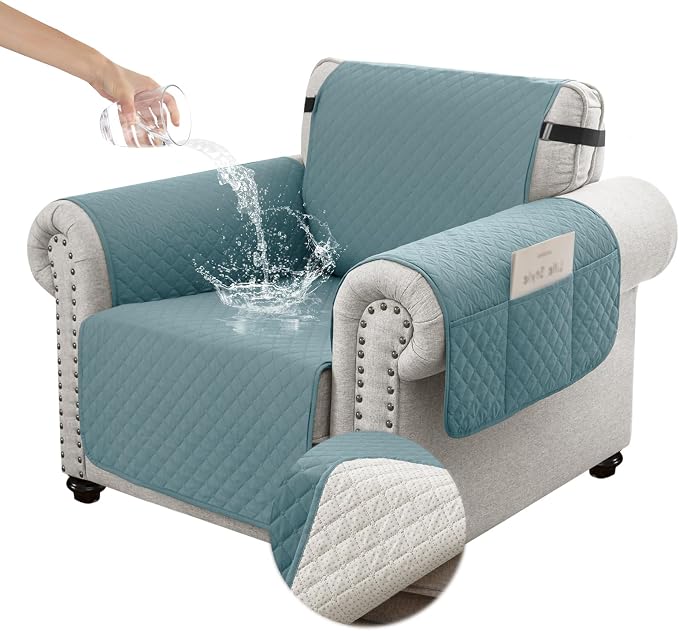 100% Waterproof Couch Cover for Dogs with Non-Slip & Side Pockets 23", Furniture Protector Sofa Covers, Washable Cushion Covers for Pets Kids Cat-Armchair Grayishblue