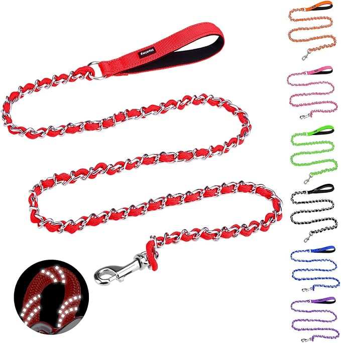 Homimp Chain Dog Leash - Reflective, Chew Proof Metal Leash for Large Dogs, 6 FT with Comfortable Soft Padded Handle, Anti Bite Durable, Non Chewable (Red)