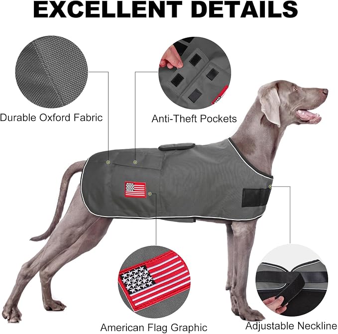 BEAUTYZOO Dog Winter Coat for Large Dogs Waterproof, Warm Reflective Great Dane Oxford Canvas Jacket, Fleece Dog Cold Weather Coats Windproof for Female Male Dogs, Grey L