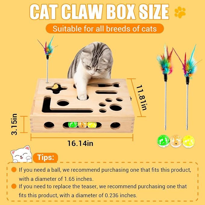 Large Cat Nail File Box, Sturdy Wood with 3 Small Balls & 2 Cat Teaser | Cat Scratch Puzzle Box with Sandpaper Inside Requires No Installation, Cat Puzzle Toys for Scratching & Interactive Play
