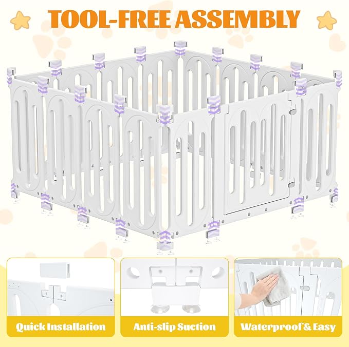 23.6" Dog Playpen for Puppies and Small Dogs, 15 Panel Indoor Pet Fence with Door&Feeding Bowl, Remove Puppy Exercise Pen, Non-Slip Dog Enclosure for Home, Apartment, Rabbit and Small Pets, White