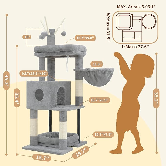 Heybly Cat Tree, 45.3" Cat Tower for Indoor Cats with Large Perch HCT202SW | All-in-One Cat Furniture with Cozy Bed, Hidden Space Cat Condo, Comfy Hammock, Scratching Posts & 3 Pompoms, Light Gray
