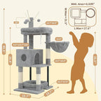 Heybly Cat Tree, 45.3" Cat Tower for Indoor Cats with Large Perch HCT202SW | All-in-One Cat Furniture with Cozy Bed, Hidden Space Cat Condo, Comfy Hammock, Scratching Posts & 3 Pompoms, Light Gray