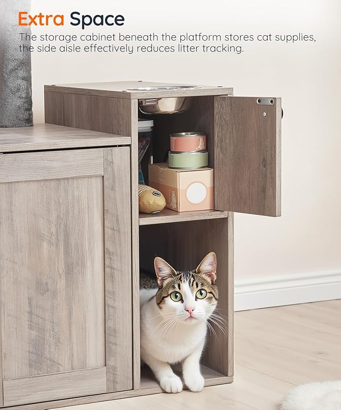 HOOBRO Cat Tree with Litter Box Enclosure, 68.9" H Cat Tower with Food Bowl and Storage, Hidden Litter Enclosure Furniture, All-in-One Modern Cat Condo, with House, Hammock and Perch, Greige BG80MZ03