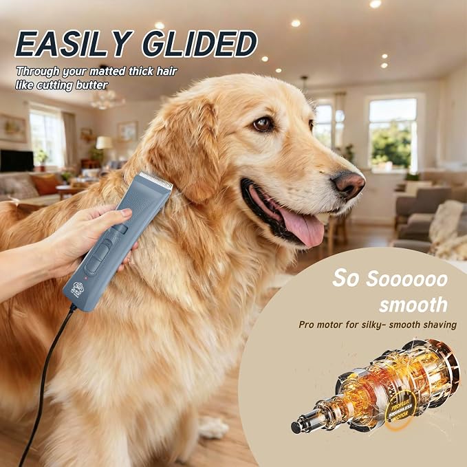 Tife Low Noise Dog Clipper – Cordless Pet Grooming Kit with Rechargeable Battery, Quiet Electric Hair Trimmer for Thick Coats, Adjustable Blade Pet Shaver for Dogs & Cats(Blue)