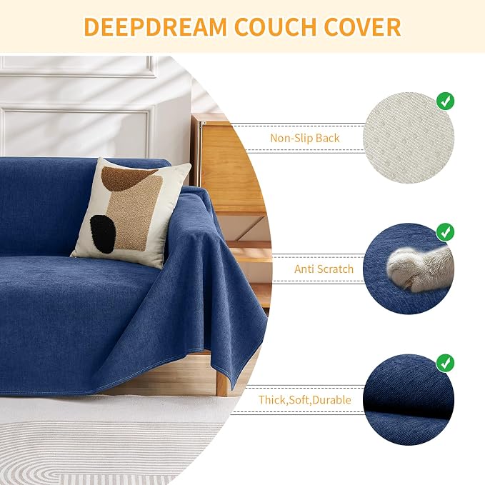 Deep Dream Cat-Scratch Resistant Couch Cover, Waterproof Sofa Cover for 3 Cushion Couch Washable, Pet Friendly Couch Protectors Anti Slip Thickened Love Seat Slipcovers for Dogs Pets,91" x 118",Blue