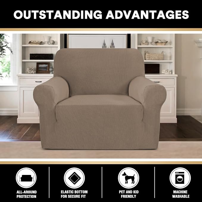 Stretch Armchair Covers for Chairs Slipcovers for Living Room Couch Covers for Chair Protectors Cover for Dogs/Pets/Kids, Feature Checks Pattern Jacquard Bouncy, Thick and Soft,Macchiato