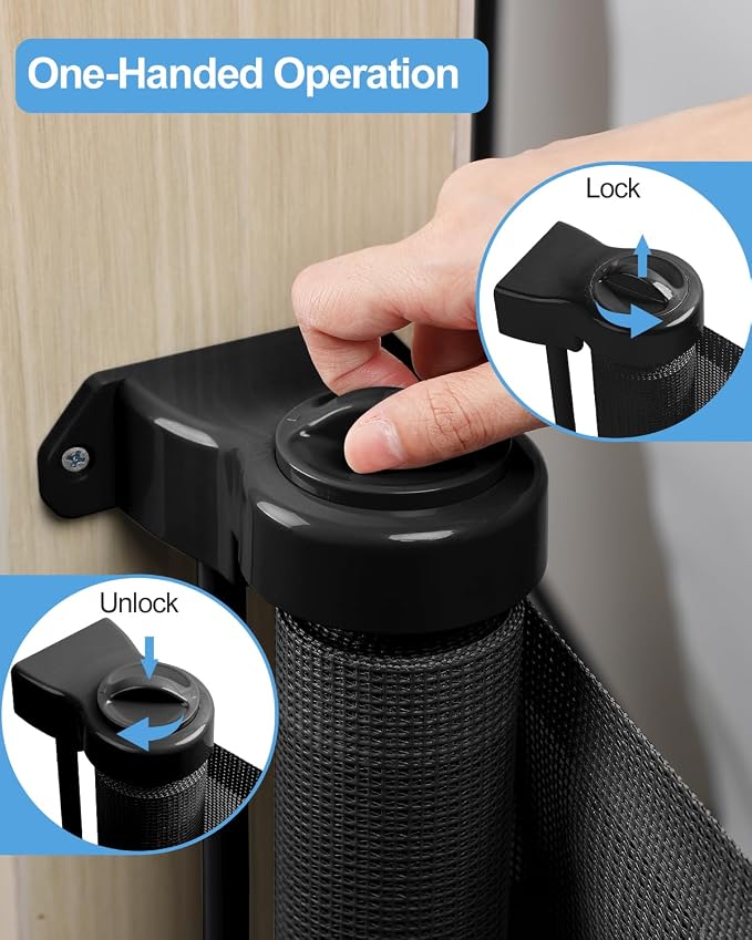 Retractable Baby Gate for Stairs – 33” Height, Expands up to 118” Width – Safety Gate for Infants, Toddlers, Dogs & Pets – Easy Install, Secure Closure, Black Mesh Design for Indoor & Outdoor Use