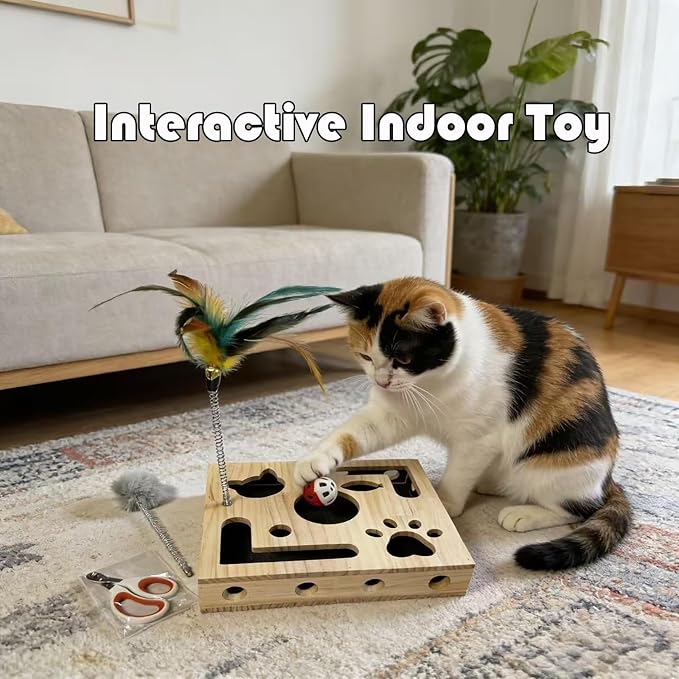 Cat Nail File Scratcher,Large Solid Wood Cat Toy Box with Sandpaper Inside, Interactive Indoor Cat Toy, Cat Claw Saver Box, 3 Bells & 2 Cat Wand& 1Cat Nail Clippers