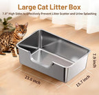 Stainless Steel Cat Litter Box, Steel Litter Pan with Curved Low Entry, Leak Proof 6 Inch High Side for Urine, Easy Entry for Kittens Older Cats, No Slip, 23.6" x 15.7" x 7.9", Silver