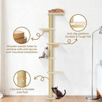 PAWSCRAT 5-Tier Wall-Mounted Cat Tree, 80-Inch Sisal Post, PureWhite | Cat Tower for Indoor Cats, Cozy hammock and Durable Sisal Post Give Cats Vertical Space to Jump, Climb, Scratch and Rest.