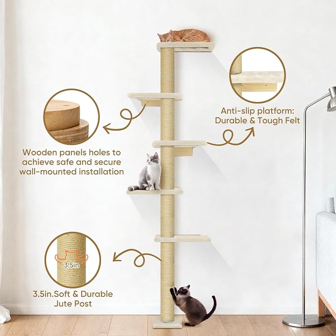 PAWSCRAT 5-Tier Wall-Mounted Cat Tree, 80-Inch Sisal Post, PureWhite | Cat Tower for Indoor Cats, Cozy hammock and Durable Sisal Post Give Cats Vertical Space to Jump, Climb, Scratch and Rest.
