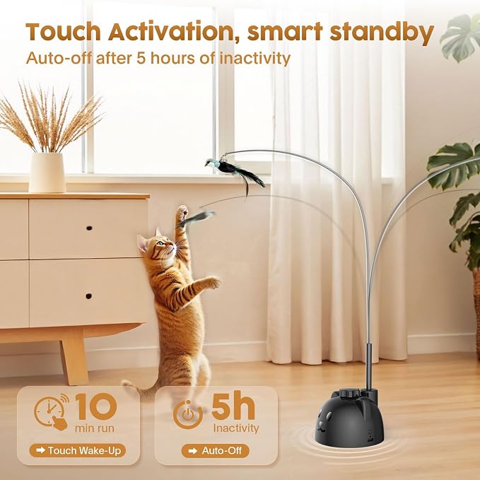Interactive Cat Toys for Indoor Cats, 360° Automatic Spin Flying Bird Wand | 8cm Suction Cup & Weighted Base, Silicone-Protected Rod, USB Rechargeable with Replaceable Feather & Streamer Attachments