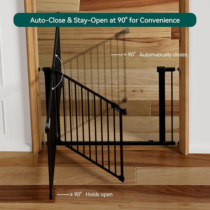 Babelio Baby Gate for Stairs No Drilling, 31-46" Wide Dog Gate with Door | Pressure/Wall Mount; Triple-lock System; Auto-close; 200N Impact Tested; Easy Install for Doorways, Kitchen, Hallway, Black