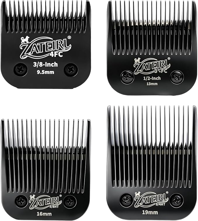 4 Pack Long Cut Pet Grooming Clipper Blades with Steel Cutters, Sizes 4FC, 3-3/4FC, 5/8HT & 3/4HT, Black, Compatible with Andis, Oster A5, Wahl KM10 A5 Style Dog Clippers