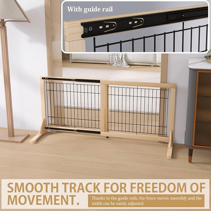 YOCAN Extra Wide Adjustable Dog Gate for Doorways & Stairs, 19.7" Tall, 31.5–61" Wide, Freestanding Pet Safety Gate with Wood & Metal Frame, No Drill Pressure Mount, Indoor Barrier (Black/Natural)